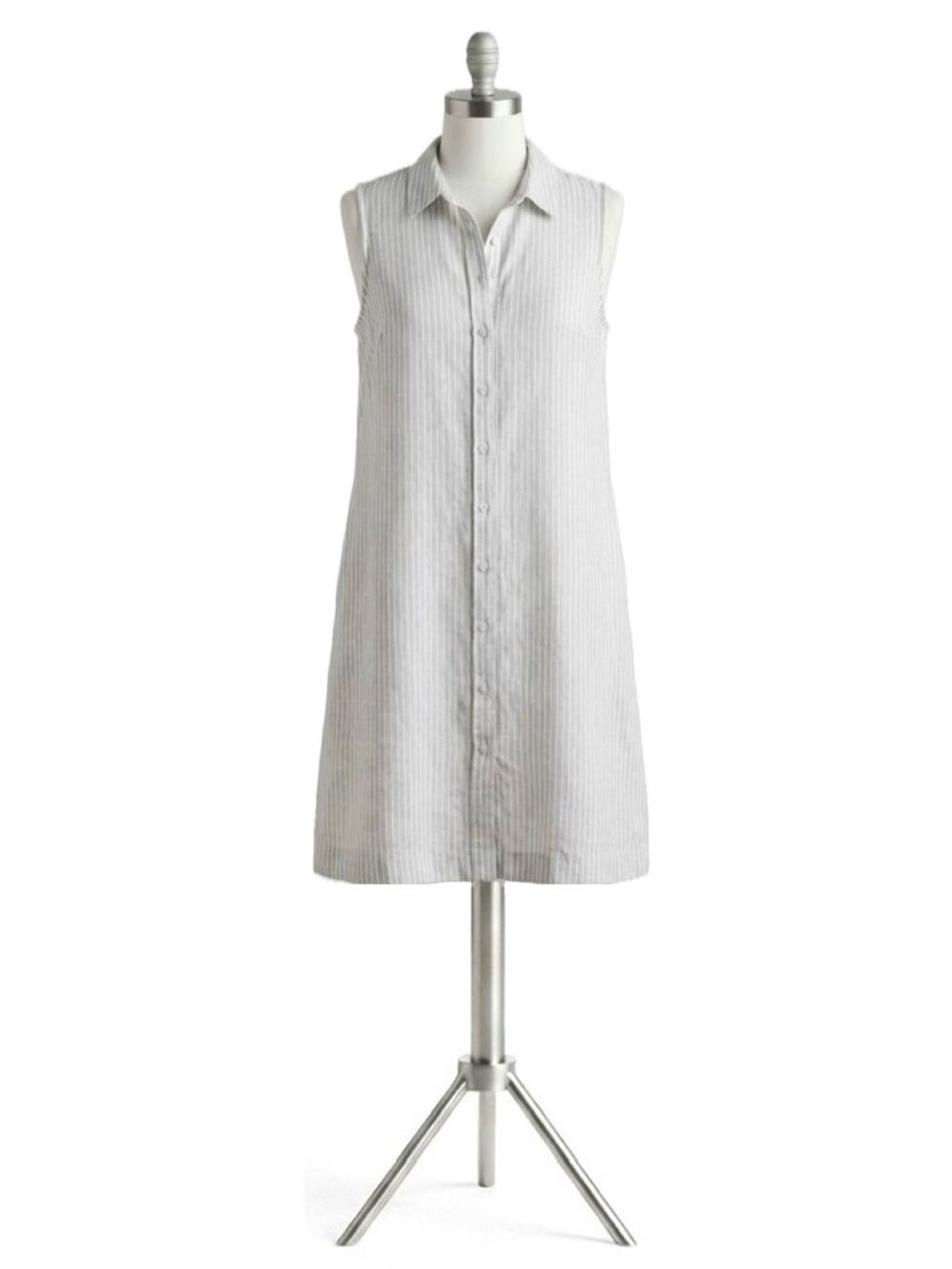 Garnet Hill 💯 Linen Button Down Sleeveless Shirt Dress in Pinstriped Pattern